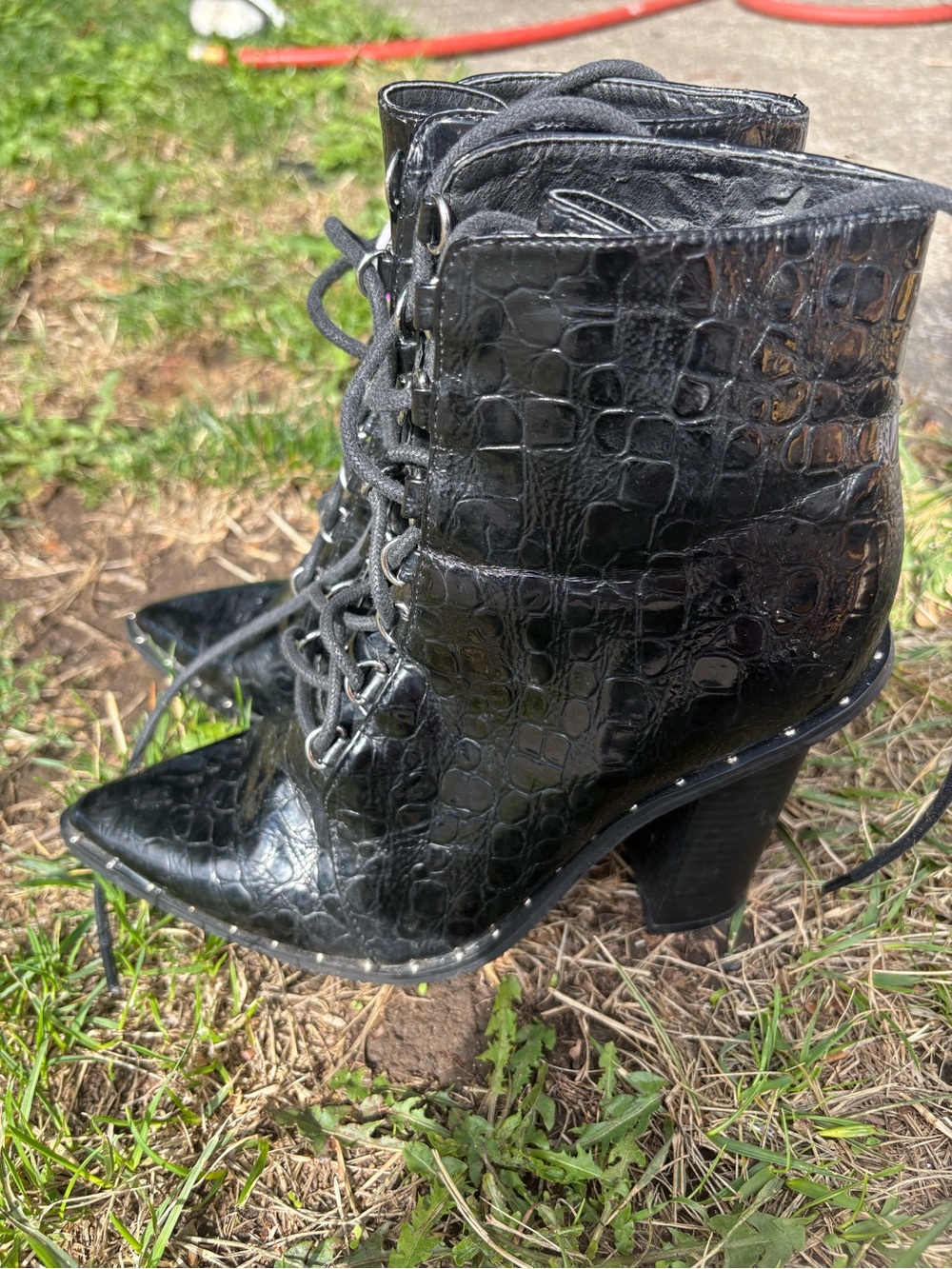 Women’s Black Croc-Embossed Lace-Up Ankle Boots